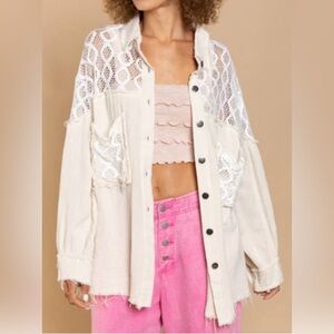 POL Oversized Natural Contrast Open Knit Panel Button-Up Shirt